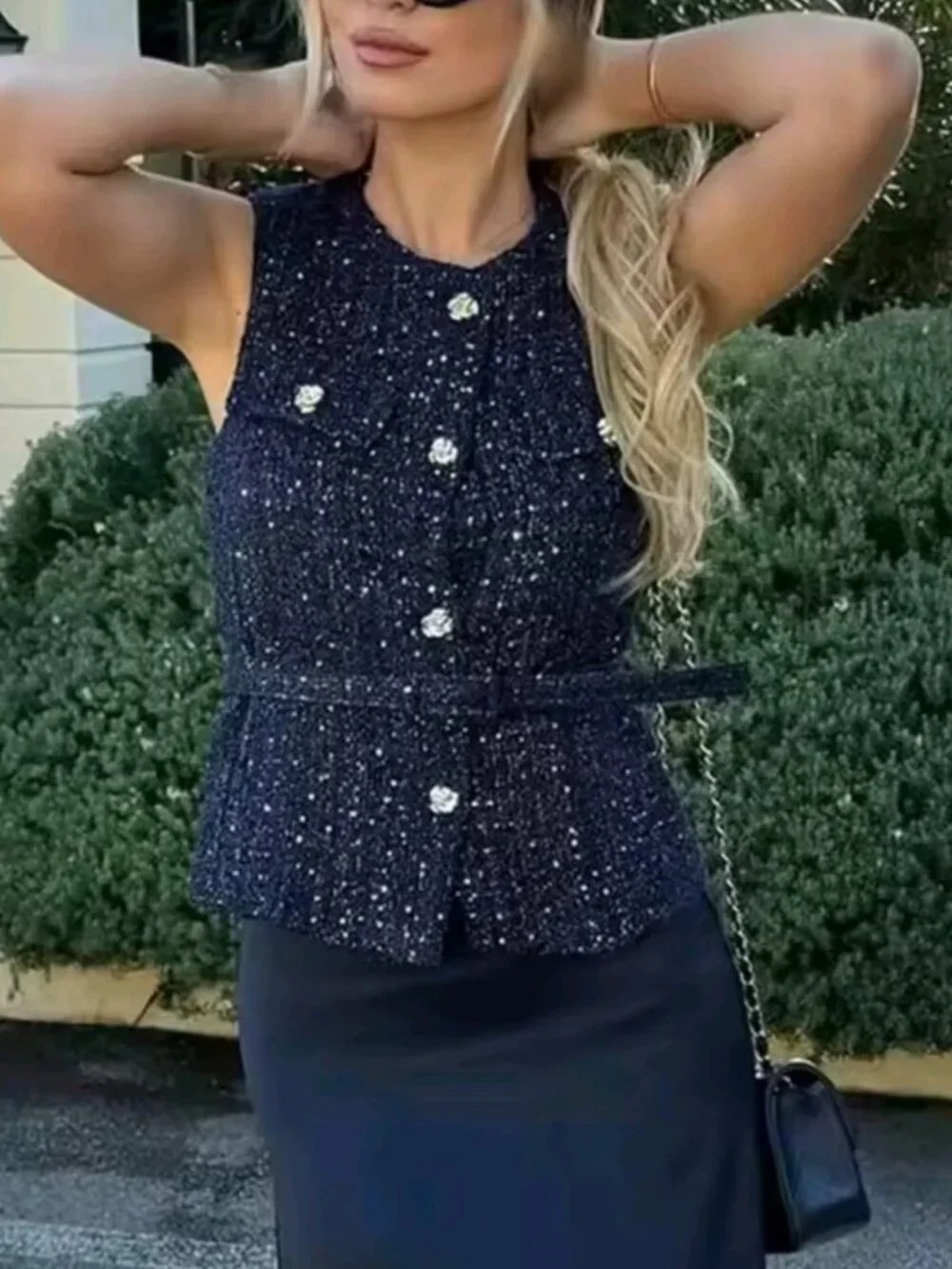Women Sequin Blue Vest New Fashion With Belt Vests for Women Summer Sleeveless